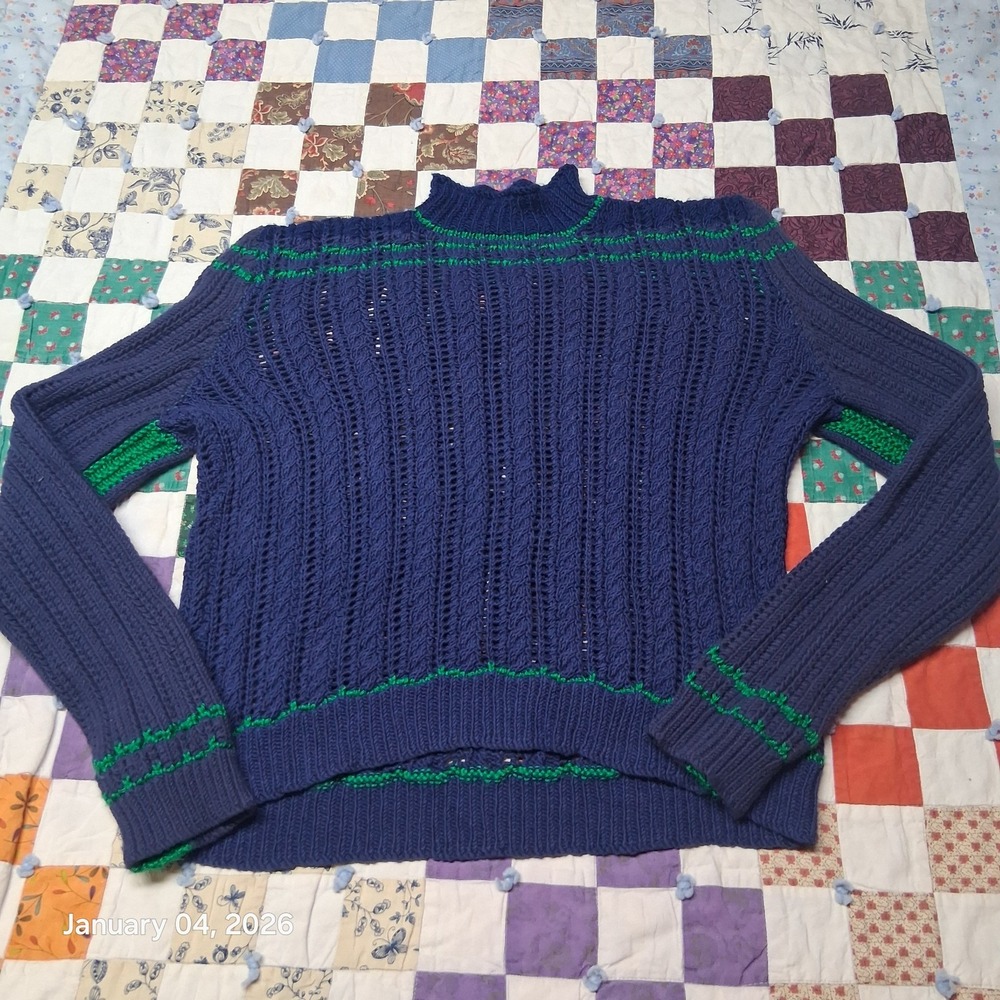 Vintage Hand Made‎ Open Knit Womens Sweater Size Large Blue Mock Neck Afghan